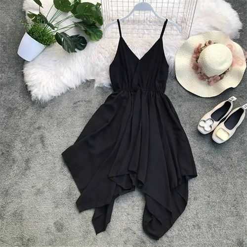 Черный Boho Стиль с v-образным вырезом сексуальное асимметричное дамское летнее платье миди женские вечерние на бретельках повседневные пляжные праздничные Нерегулярные платья - Цвет: Черный