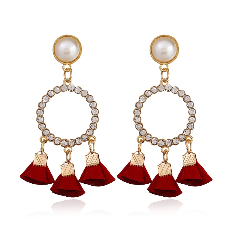 New Fashion Imitation Pearls Dangle Crystal Rhinestone Circles Fabric Tassel Drop Earrings For Women Statement Jewelry AE121 | Украшения и