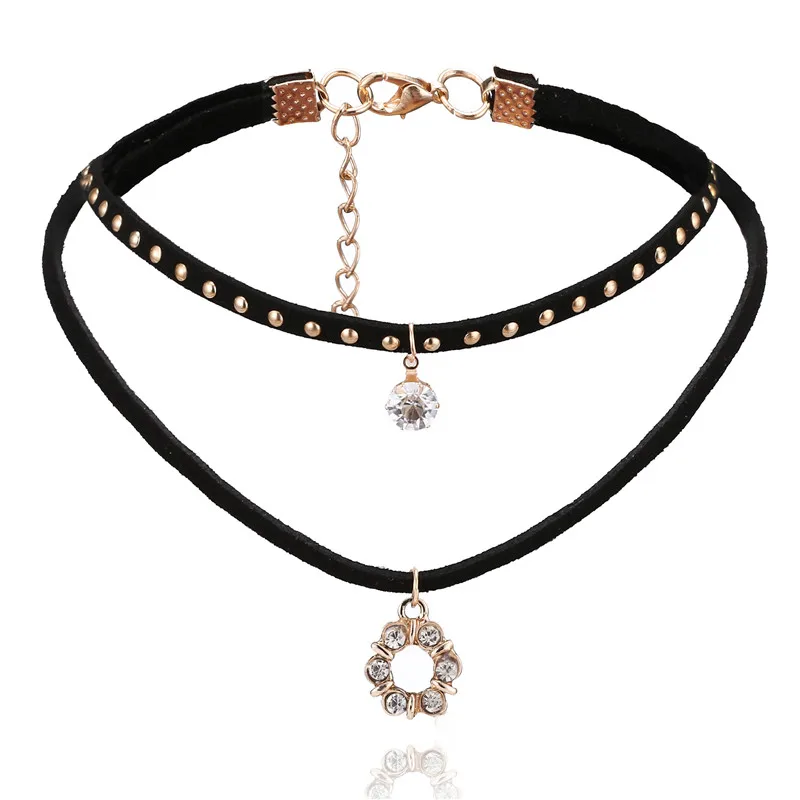 [JIMORE] Многослойные Бархат Горный Хрусталь Ожерелье Ожерелья Черный Воротник