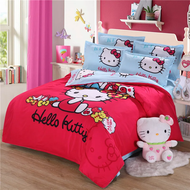 Красный комплект постельного белья hello kitty с героями мультфильмов постельное