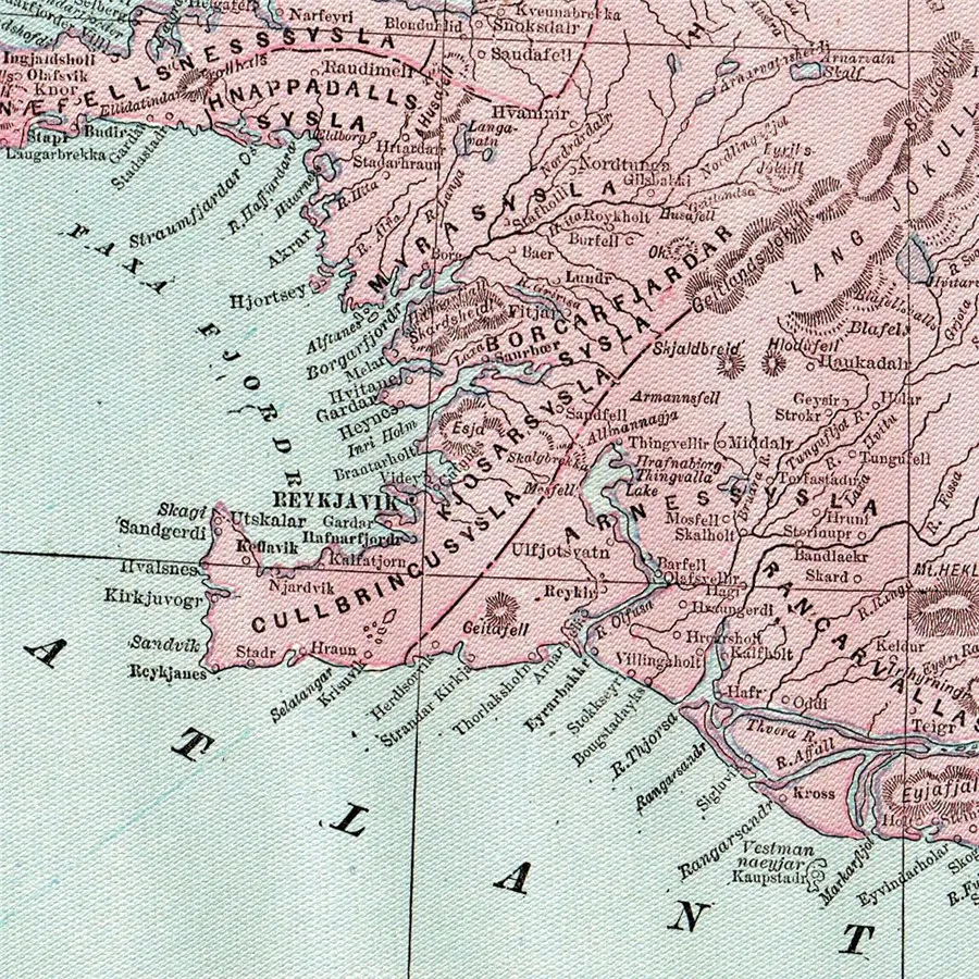 1891 Античная Исландская карта розовый цвет живопись винтажный холст печать плакат стены искусства стикеры кафе бар дома изысканный дизайнерский Декор