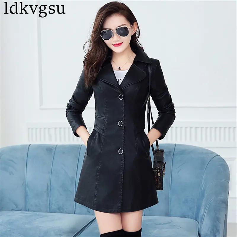 black Женская куртка из искусственной кожи размера плюс L-5XL, весна-осень, новинка, однобортная ветровка, женская тонкая повседневная куртка а611 - Цвет: black