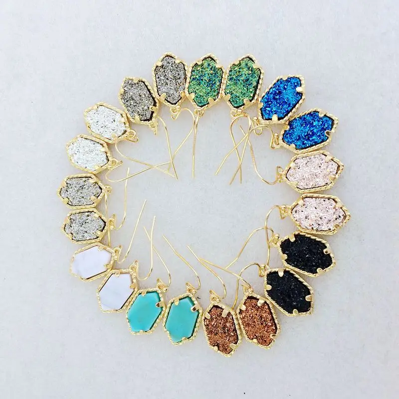 20 вариантов Drusy шестигранные Висячие серьги имитация лавы камни Друза серьги золотой цвет брендовые ювелирные изделия для женщин