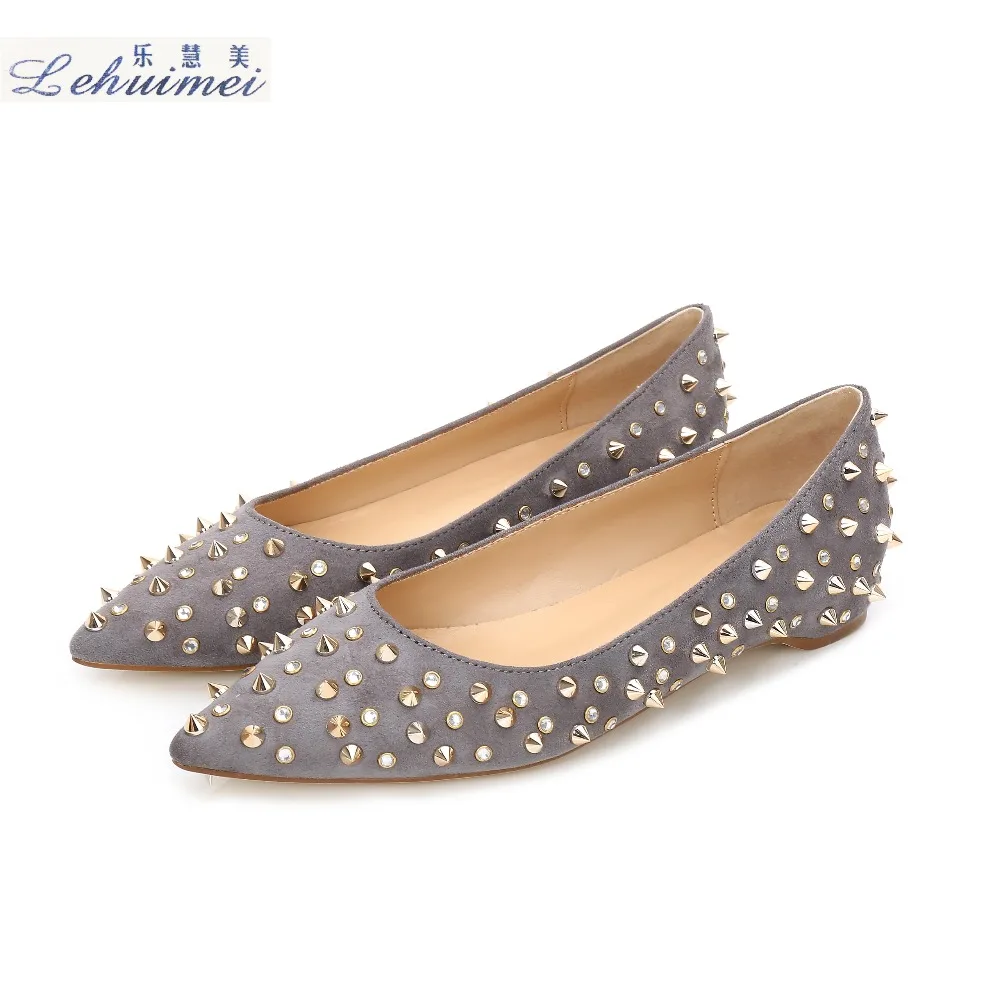 2018 Fashion rivets women flats shoes Sexy Pointed toe low heels lady party casual suede wedding motorcycle GREY 34 | Обувь