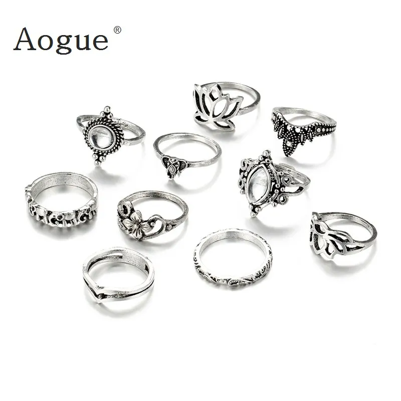 Набор колец в ретро стиле серебристые богемные украшения виде слона цветов