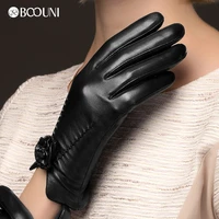 boouni genuine leather gloves fashion women sheepskin glove wrist rose black leather driving gloves hot trend nw469