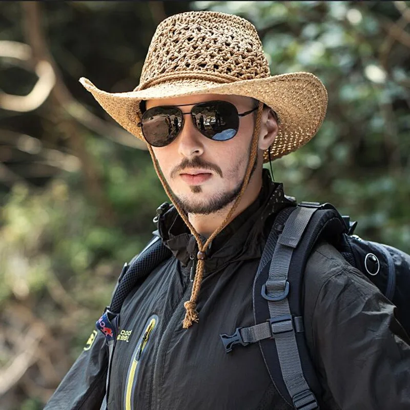 Outdoor Cowboy Hat Men's Summer Hand-made Cowboy Straw Cap Male Casual Fishing Climbing Sun Protection Breathable Hats H7260