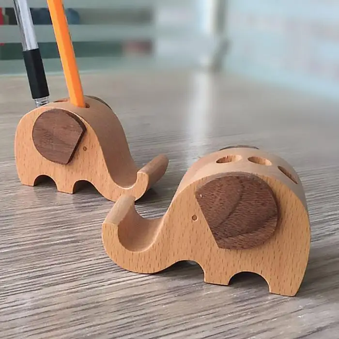 Elephant Style Environmental Wooden Mobile Phone Holders For Desk Pen Pencil Container Office Home Cell Phone Stand Case