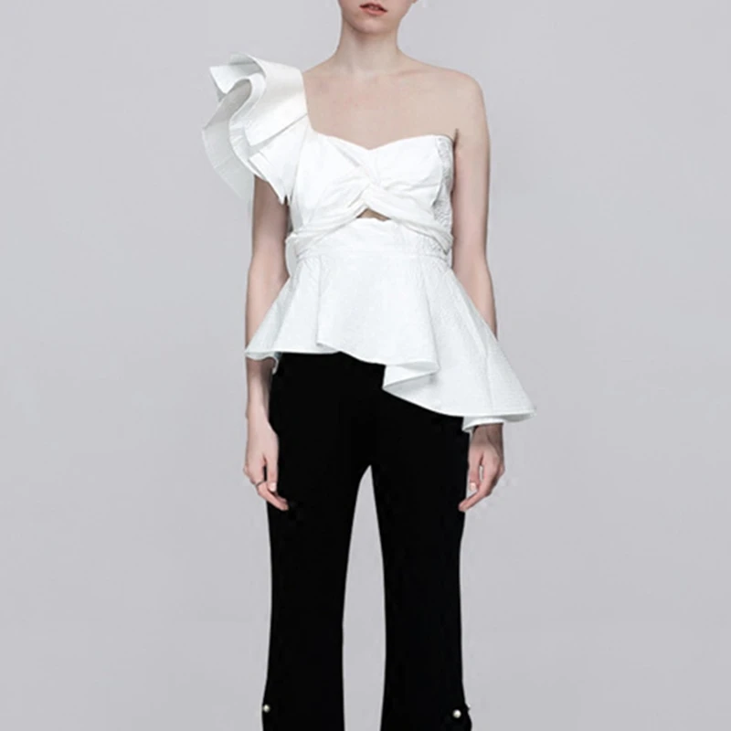 Черно белые сексуальные женские топы летние блузки на одно плечо с оборками|ruffle
