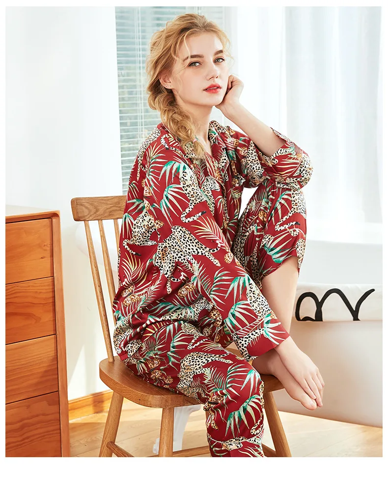 Summer Women Pajamas Sets With Pants Silk Pijama Satin Pyjama Flower Print Nightwear 2 Piece Set Long Sleeve Sleepwear