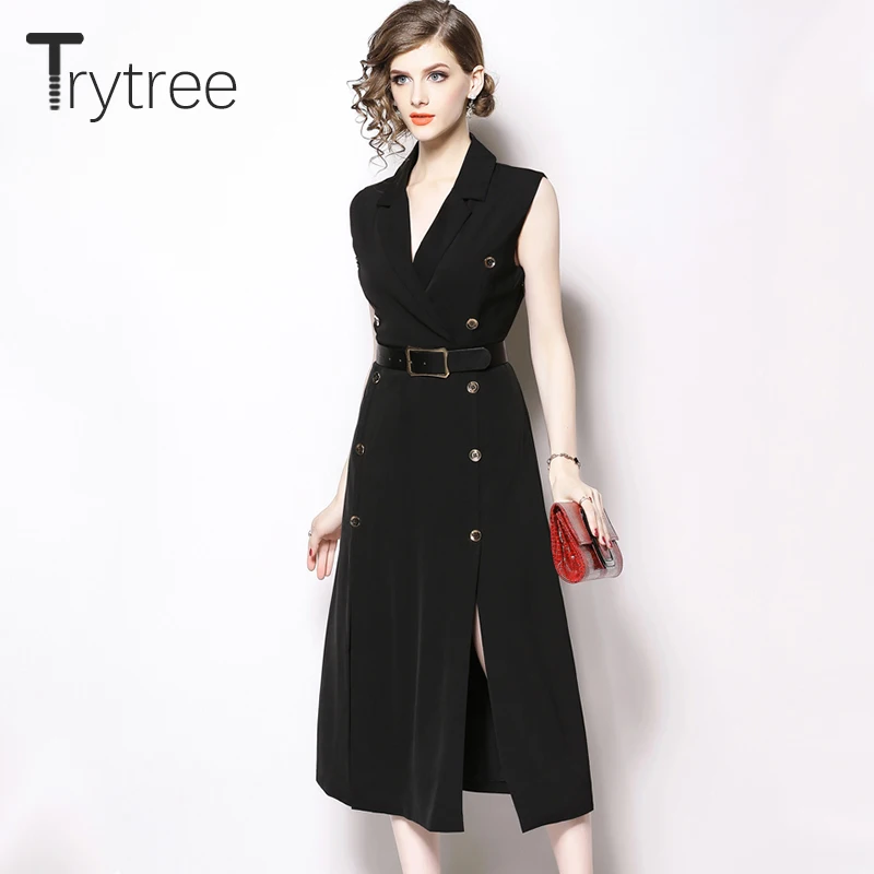 Trytree лето осень платье формальное женское без рукавов ТРАПЕЦИЕВИДНОЕ с поясом