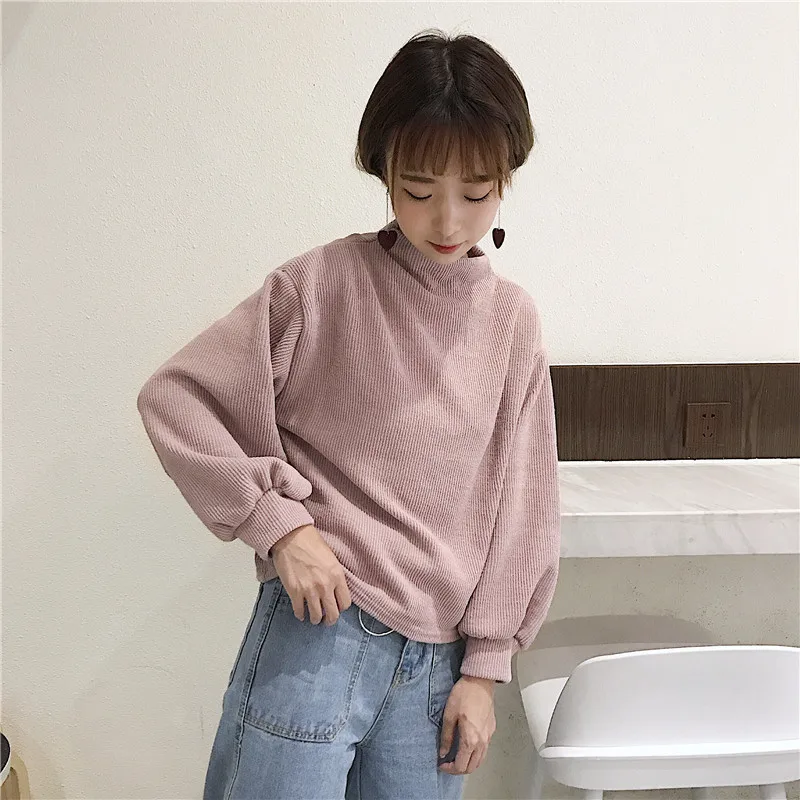 Толстовки Ulzzang, однотонные Вельветовые женские шикарные свитшоты с пышными рукавами, Модные свободные милые повседневные женские пуловеры в Корейском стиле