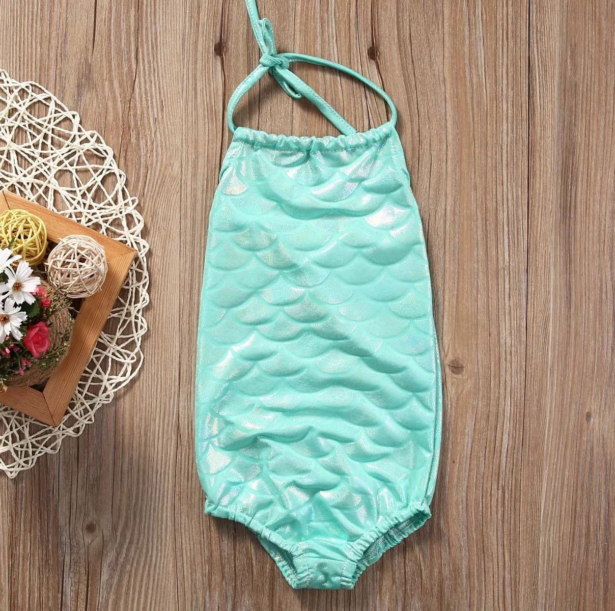 Разноцветный цельный купальный костюм русалки с лямкой на шее для маленьких