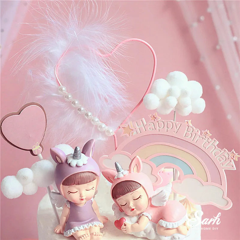 Sitting Blue Pink Boy Girl Decoration Unicorn Happy Birthday Children Cake Toppers for Wedding Party Supplies Baking Sweet Gifts