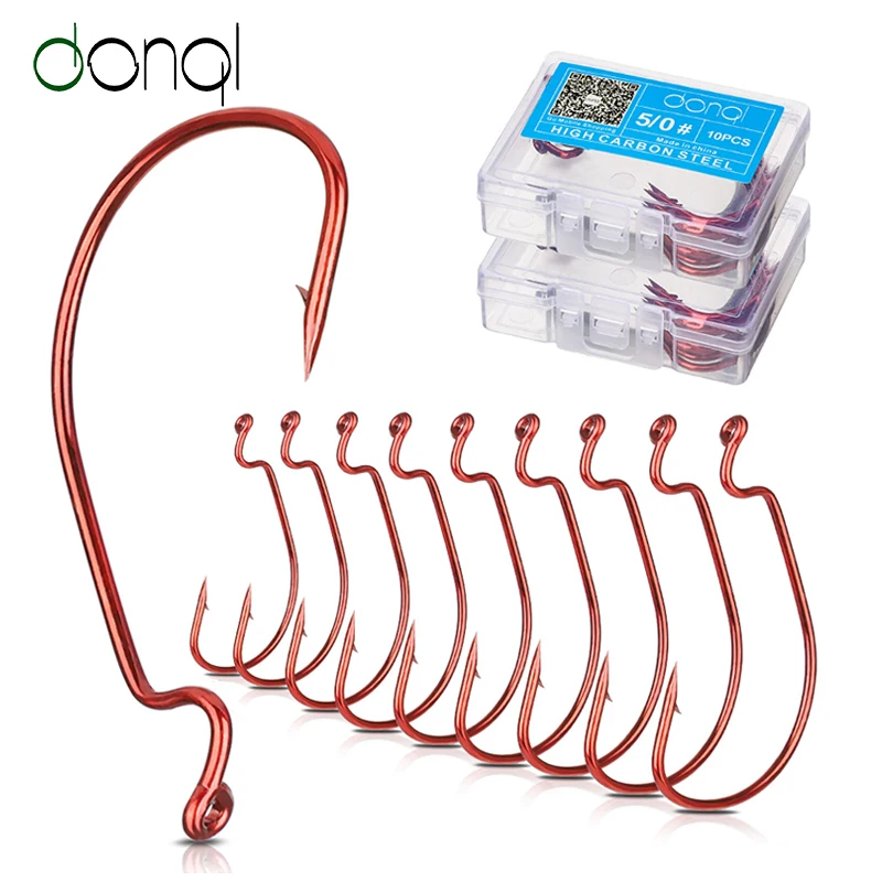 

DONQL 10pcs/ Set Red Wide Crank Offset Fishing Hook Carbon Steel Fishhook For Soft Worm Lure 5/0#-1# Barbed Carp Fishing Hooks