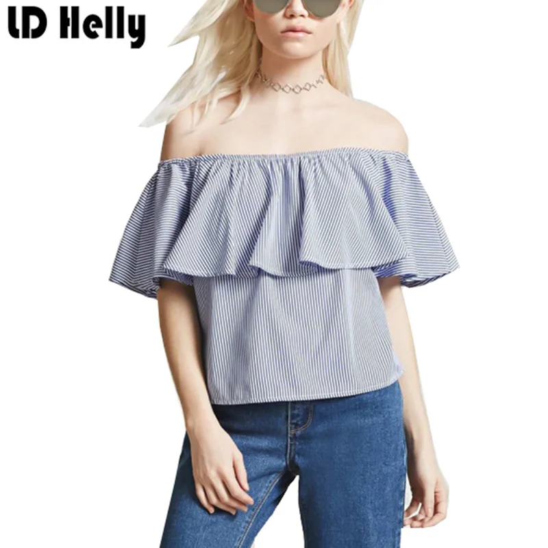 Лето 2017 Для женщин в полоску Сексуальная с плеча оборками короткий рукав Блузки