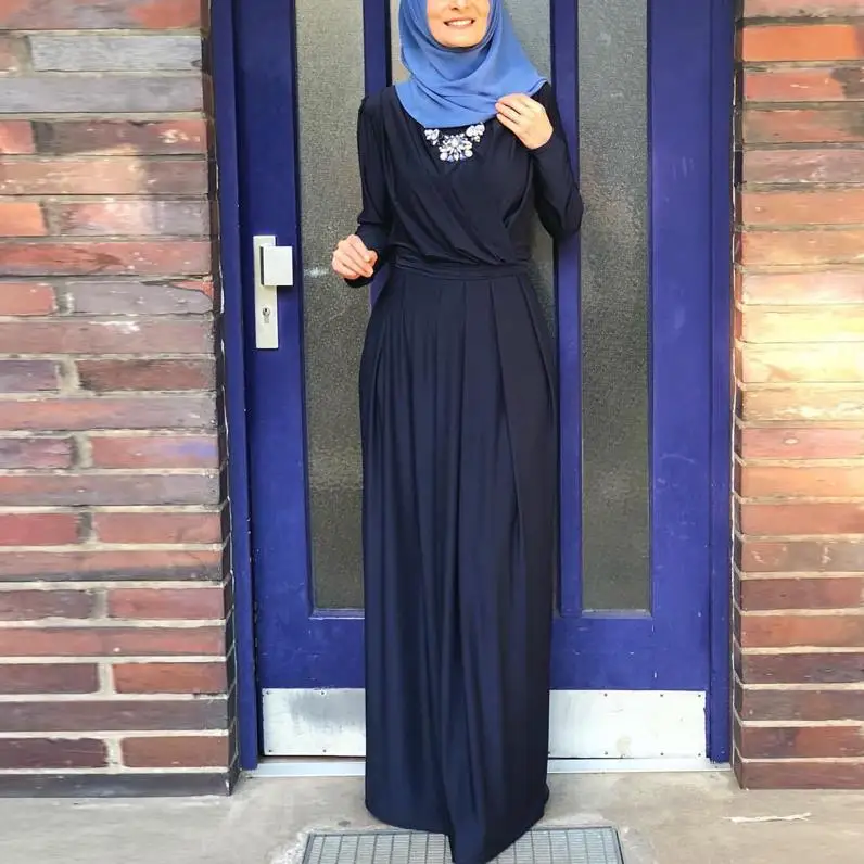 Dark blue dress Плиссированное мусульманское платье Абая халат Дубай хиджаб/кафтан абайя s для женщин джайлбаб Рамадан кафтан Marocain Турецкая Elbise Исламская одежда - Цвет: Dark blue dress