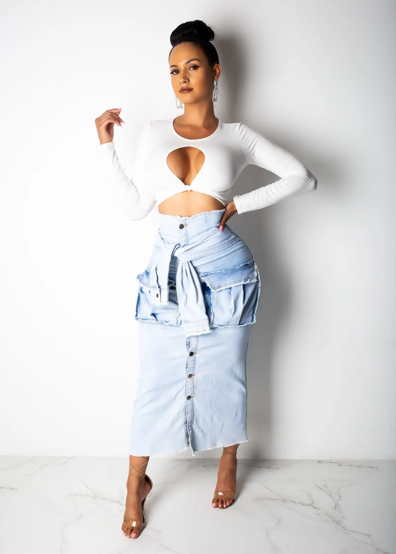 Женская винтажная джинсовая юбка с высокой талией и рукавом бабочкой 2 цвета SJ3273