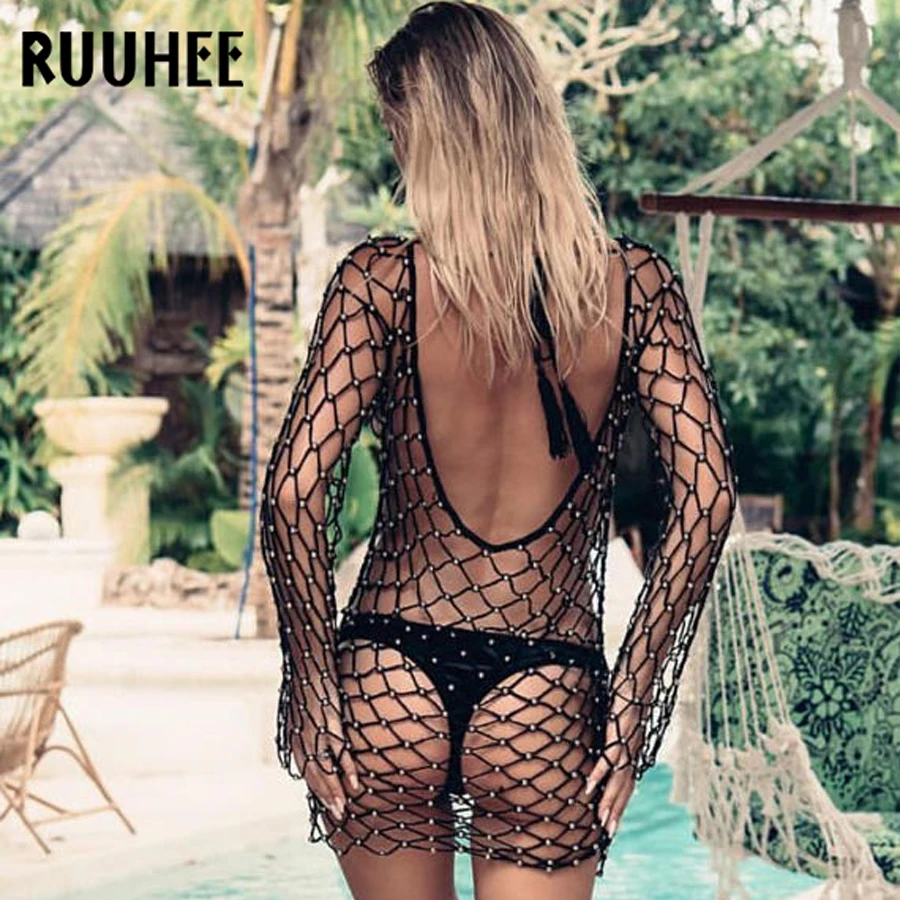 RUUHEE бикини Бисероплетение прикрытие полый вязаный крючком сексуальное Сетчатое пляжное платье женское летнее прикрыUPS купальный костюм Пляжная одежда