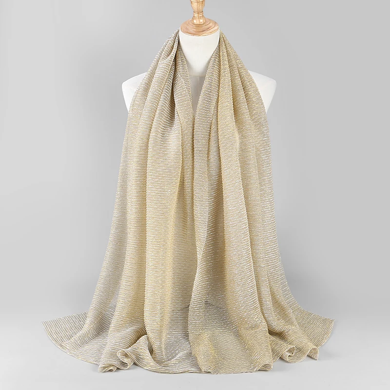10 шт./лот однотонный шарф с золотыми нитями Женский хиджаб сморщенные шарфы и