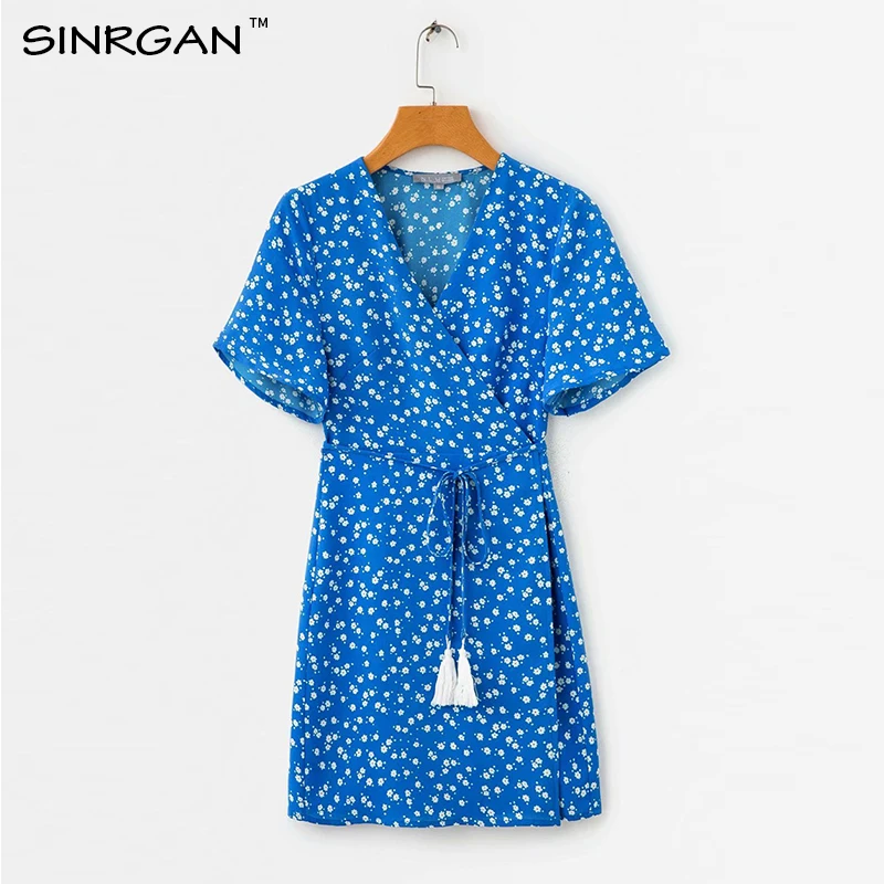 SINRGAN с коротким рукавом v образным вырезом boho hohemian цветочным принтом голубое платье для женщины Винтаж мини