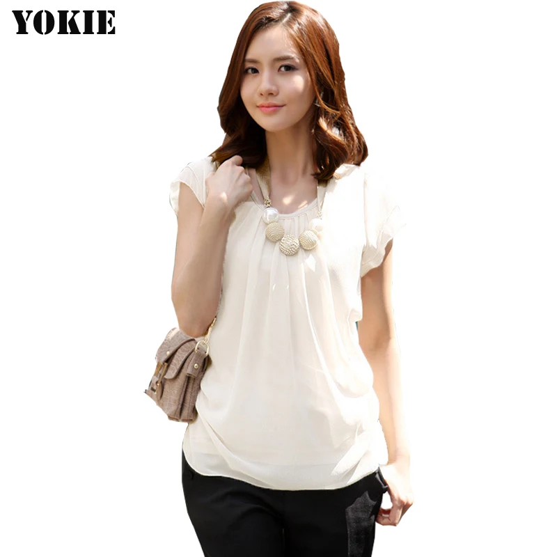 Женские блузы шифоновые рубашки однотонные с коротким рукавом бабочкой