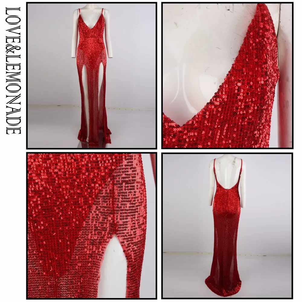 Женское платье с блестками LOVE & LEMONADE Длинное Красное эластичное глубоким V