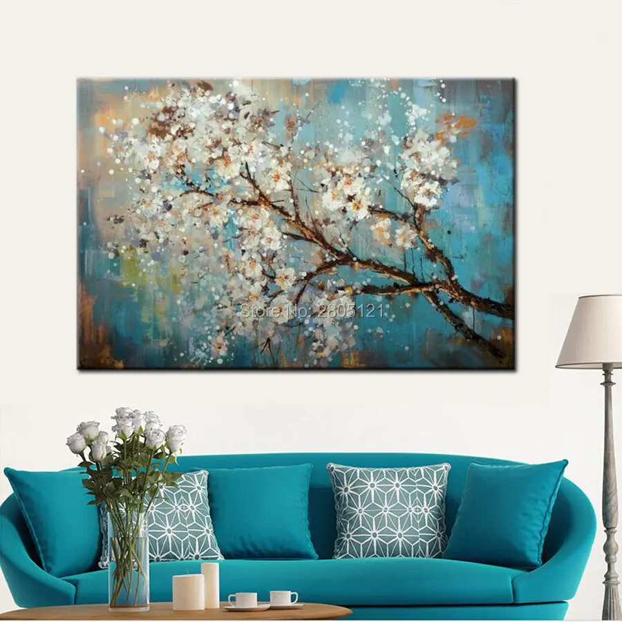 

Hand Painted Abstract cherry flower Oil Painting abstract blue canvas Picture For Living Room Wall Art Canvas house decoration