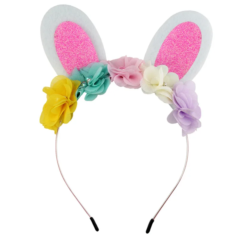 

New 10pcs Boutique Cute Glitter Rabbit Ears Hairbands Gemstone Gauze Floral Easter Headwear Princess Fashion Hair Accessories
