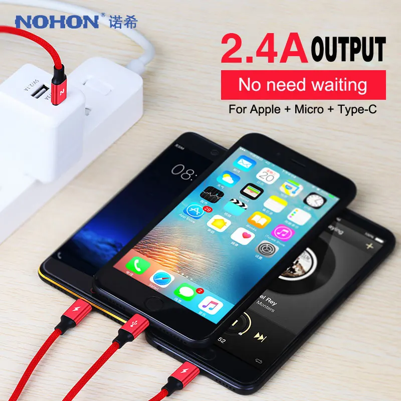 NOHON 3 в 1 type-C кабель для Apple type-C Micro USB-C кабель для iPhone 8 7 6 6S iOS 10 MacBook samsung LG быстрое зарядное устройство 2.4A