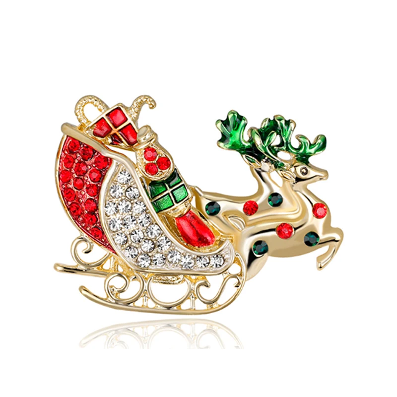 

50pcs/Lots free shipping Rhinestone Christmas gold elk with sled Brooch pin ornaments jewelry for gift/party