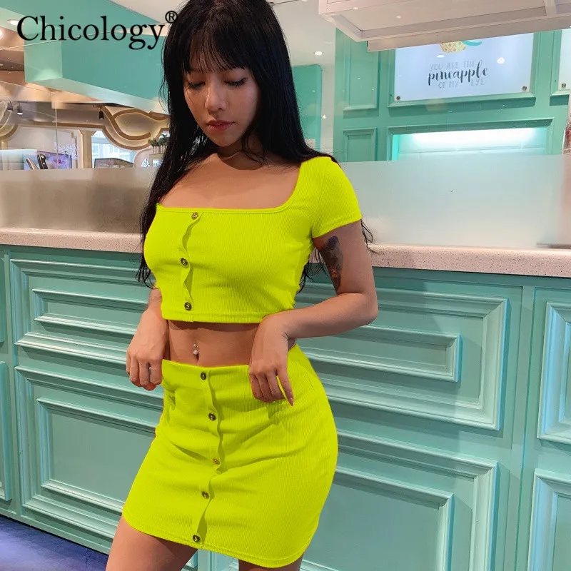 Chicology неоновый ребристый укороченный топ и мини-юбка комплект из двух предметов