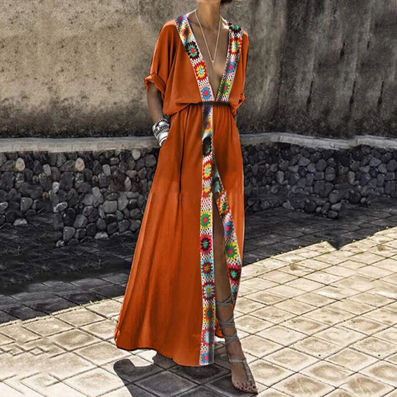 Летние длинные платья с разрезом женские повседневные сексуальные глубоким v