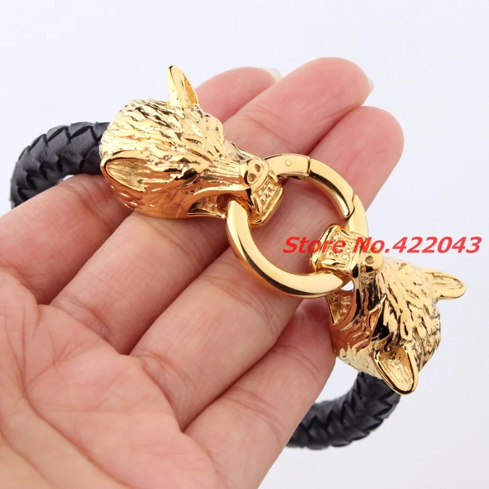 

Крутой браслет из нержавеющей стали с головой волка, золотистые браслеты, высококачественный черный браслет из натуральной кожи, мужские б...