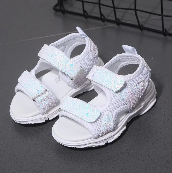 New Girls Princess Beach Shoes Kids Summer Sandals With Sequins Fashion Boys Mesh Sports Sandal Black Pink White EU 21-30 | Детская