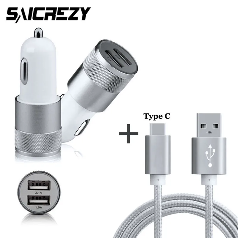 Алюминиевый 2 порта 2.1A универсальное USB Автомобильное зарядное устройство + Type-C