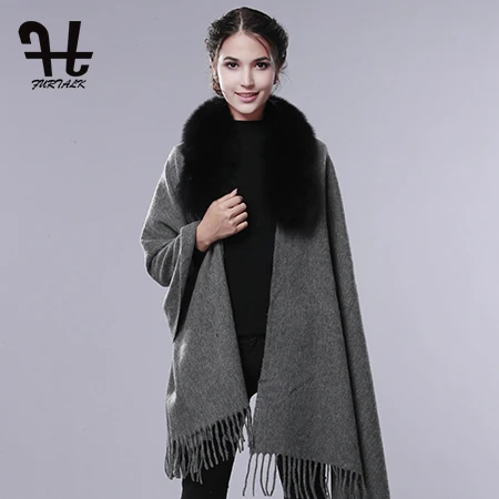 FURTALK Женщины Кашемир Шерсть Пашмины шаль wrap Зима Длинный Шарф Шерсти енота воротник - Цвет: Grey Black Collar