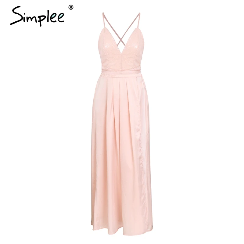 Sequin Pink Летнее женское длинное платье Simplee, с открытой спиной и разрезом, элегантное вечернее атласное платье макси в стиле пижамы, несколько цветов - Цвет: Sequin Pink