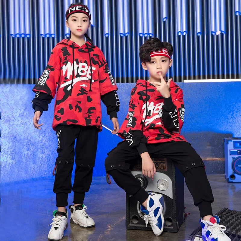 Camouflage Printed Hoodie Pants Set Childrens Hip-hop Street Dance Suit Clothing Jazz Hip Hop Costumes for Kids Boys and Girls |