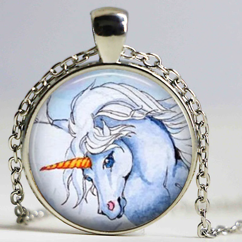 Оптовая стеклянная подвеска с изображением Серебряная цепочка единорогом