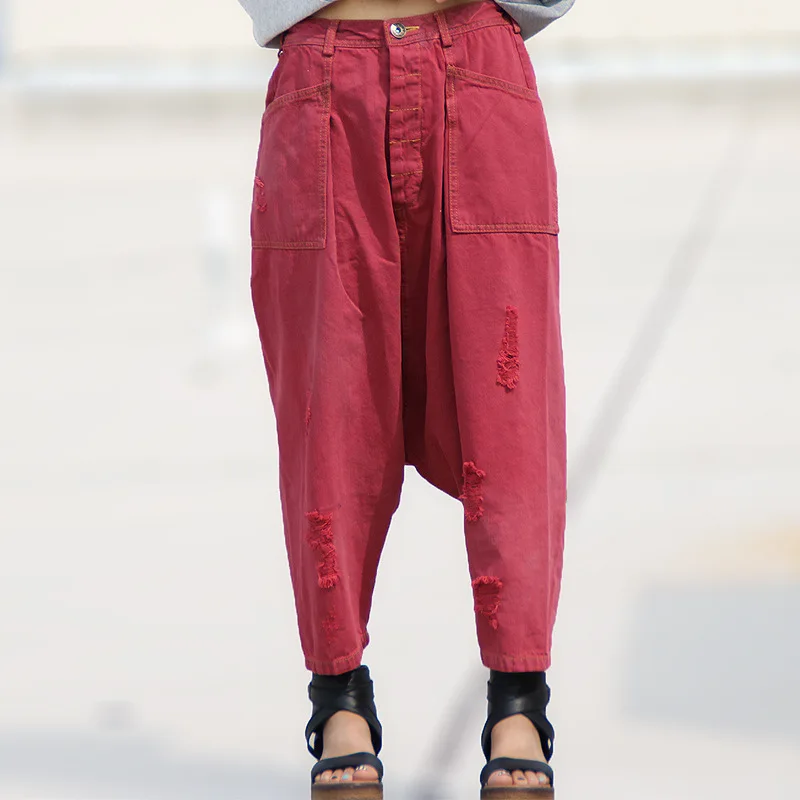 Женские джинсы в стиле хип хоп свободные с дырками разорванный гарем|pants with holes|denim