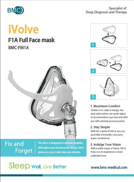 BMC F1A Full Face Mask Рото-носовая маска подходит CPAP аппарату для терапии ХОБЛ храпа с размер SML подключается к лице трубкеи держатели