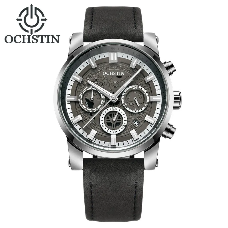 Часы OCHSTIN мужские спортивные с кожаным ремешком модные секундомером кварцевые