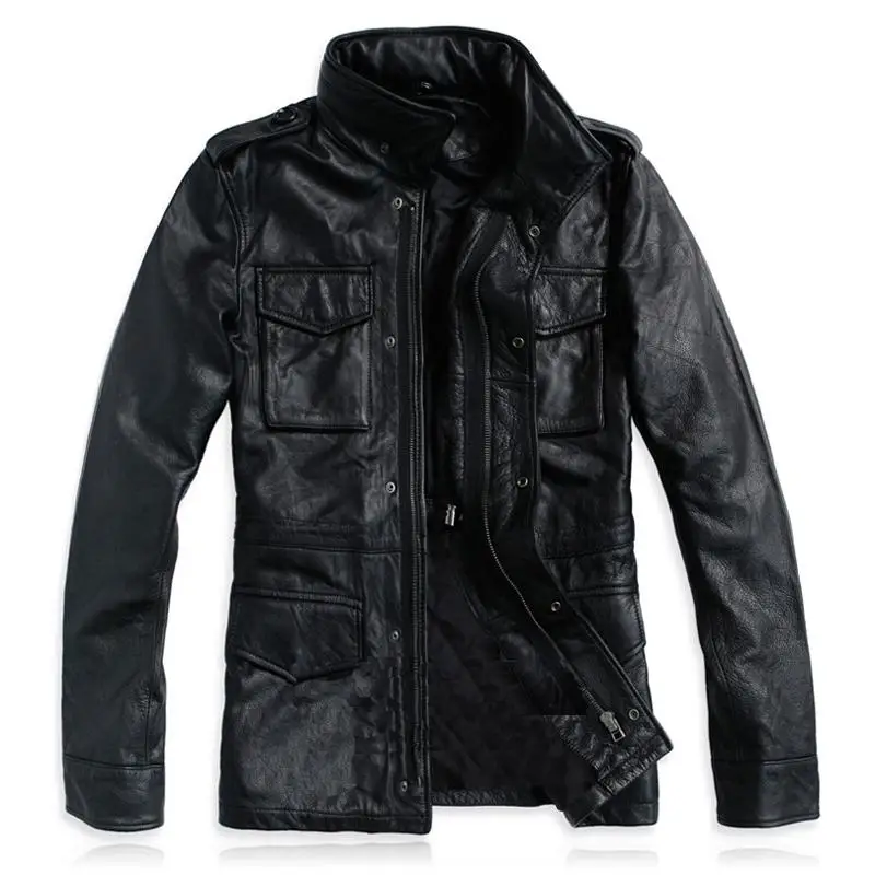 2015 мужские Куртки из натуральной кожи с четырьмя накладными карманами