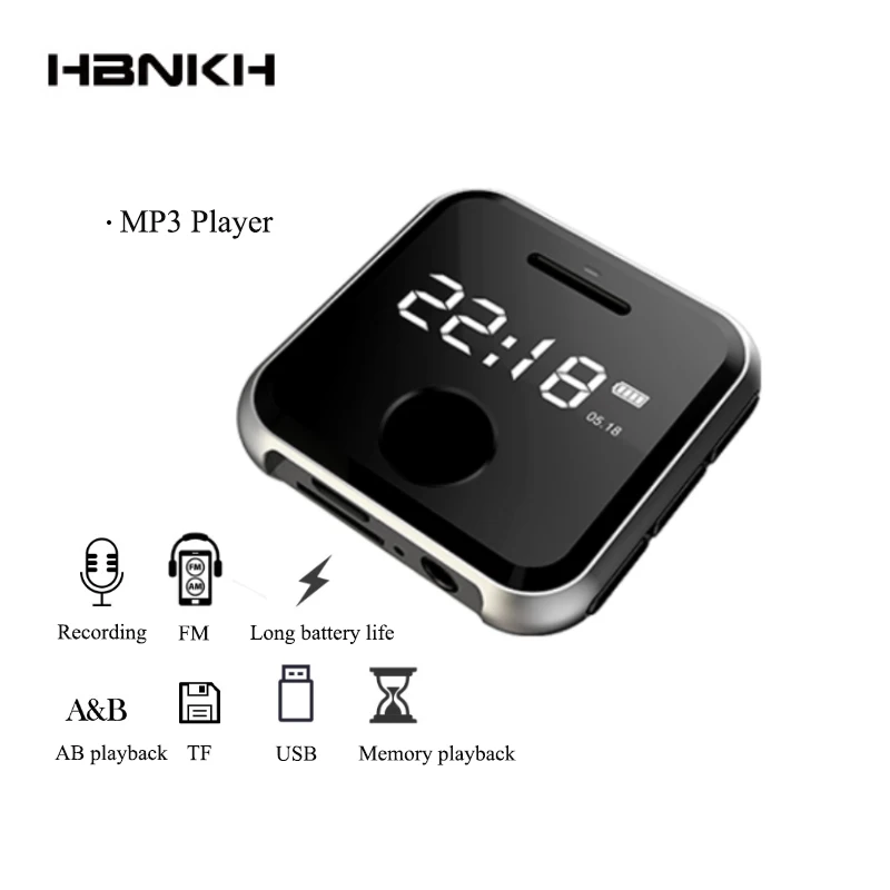 HBNKH металлический мини Mp3 плеер Hifi FM радио встроенный динамик Диктофон Mp3 плеер TF карта Спортивный Портативный 8G с ремешком для часов