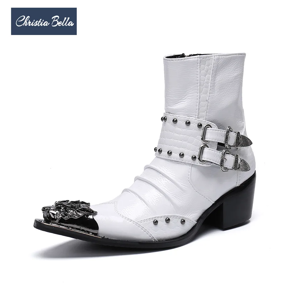 

Christia Bella High Quality Rivets Men Genuine Leather Boots White Party Dress Shoes Plus Size Metal Pointed Toe Motorcycle Boot