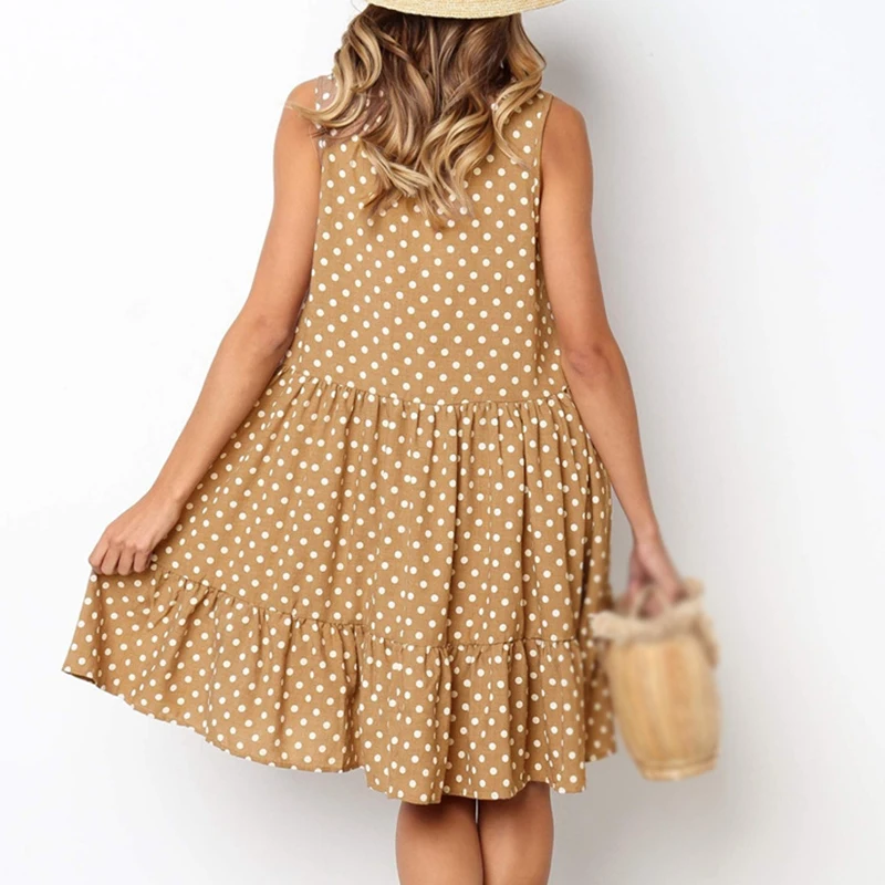 Свободное гофрированное пляжное платье без рукавов с круглым вырезом