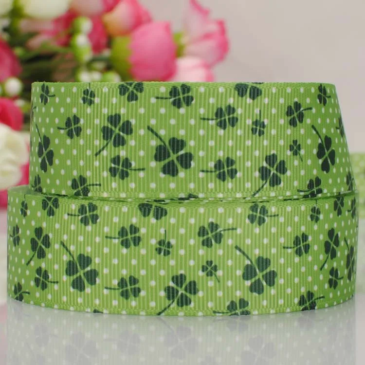 Лента с принтом Зеленый клевер 7/8 дюйма 22 мм|printed grosgrain ribbon|grosgrain ribbongift ribbon |
