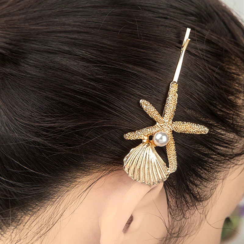 1 Pairs Korean Gold Silver Color Starfish Hair Accessories Metal Shell Hairpin Side Clip Pearl Batterre Hairgrips Clips | Украшения и