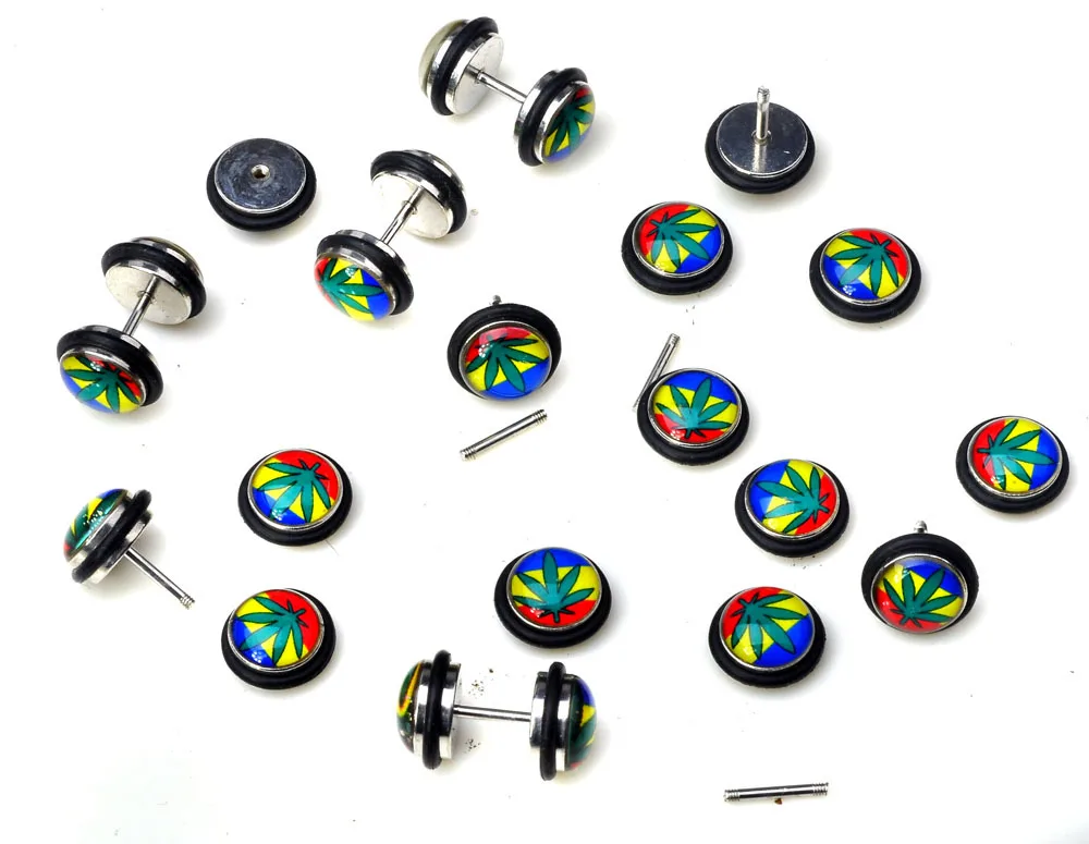 2pcs Leaf on rainbow Stainless Steel Mens Stud Earrings Cheater Fake Ear Plugs Gauges Illusion Tunnel Piercing | Украшения и